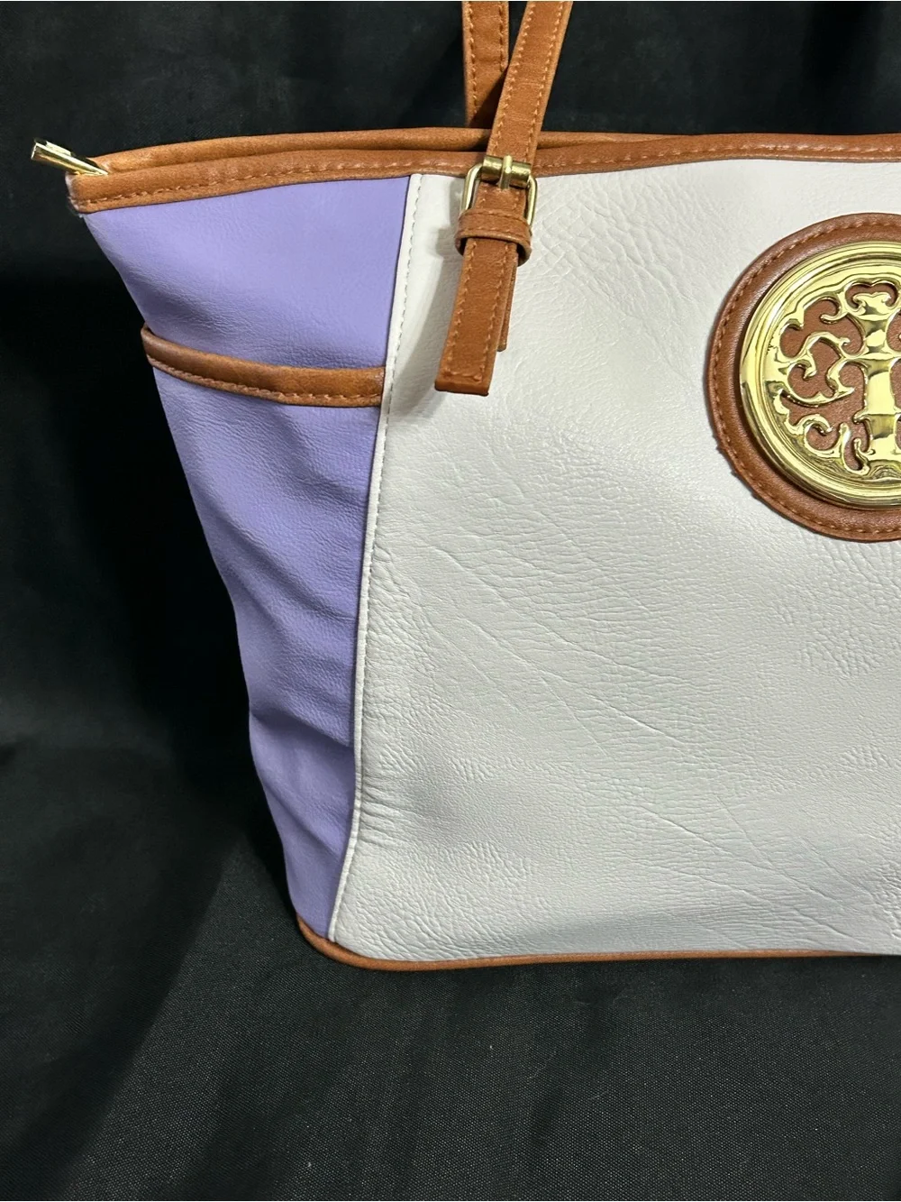 Women’s White & Lavender Tote Bag with Brown Trim & Gold Accent NWT